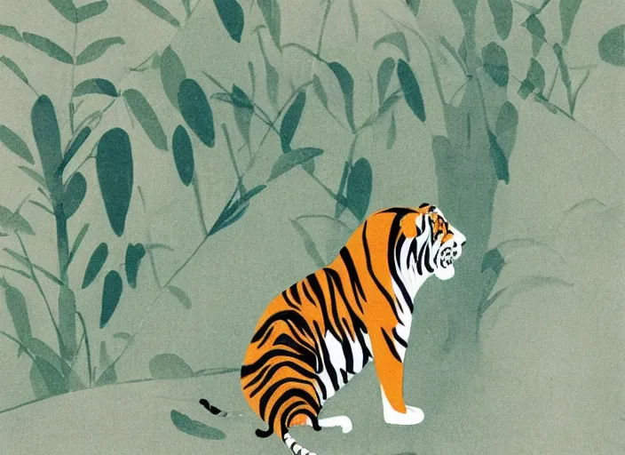 Image similar to a tiger in the centella asiatica in eyvind earle style