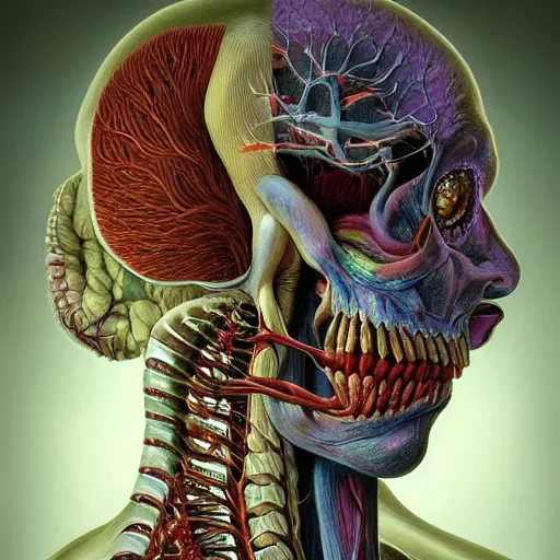 Image similar to nightmare etherreal iridescent vascular nerve bundles pearlescent spinal chord horror by naoto hattori, zdzislaw, norman rockwell, studio ghibli, anatomical cutaway