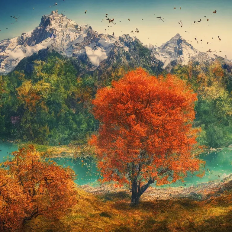 Image similar to a beautiful awesome artistic tree with falling flowers like leaves and many birds, all in the amazing outdoors view, mountain in the background, lake, long exposure, 8 k resolution, trending on artstation