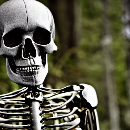 Prompt: very detailed portrait 55mm photo of a mechanical skeleton with crystal innards and optic fiber nerves, gears in his head and cybernetic enhancements in it's skull. In the forest with bokeh.