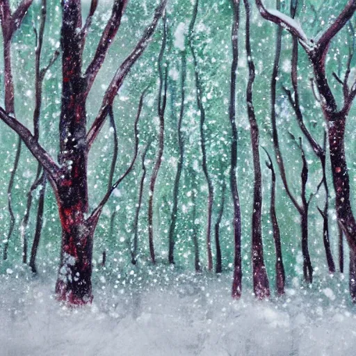 Prompt: crowded forest covered in snow with freezing winds Wax painting style wide view