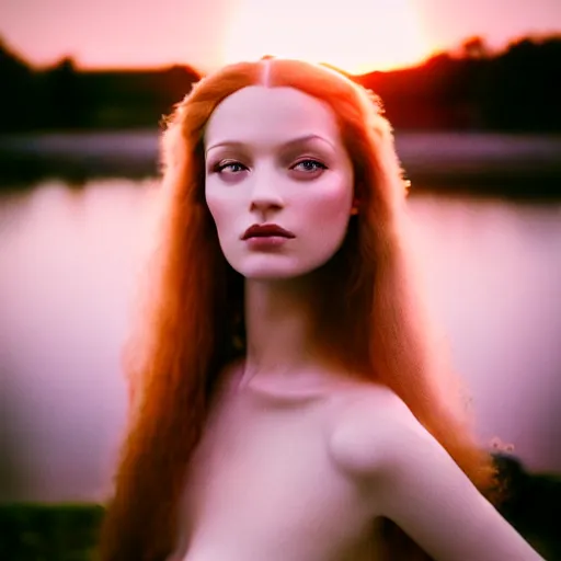 Prompt: closup photographic portrait of a stunningly beautiful english renaissance female vogue mage in soft dreamy light at sunset, beside the river, soft focus, contemporary fashion shoot, hasselblad nikon, by edward robert hughes