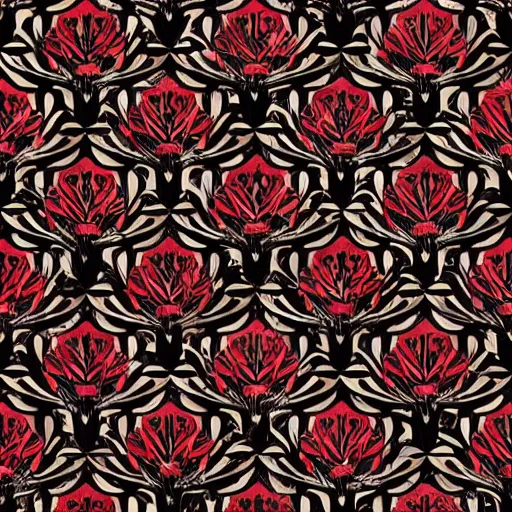 Image similar to detailed and dense concept art deco pattern of black and red blend of flowers and diamonds, bizarre compositions, exquisite detail