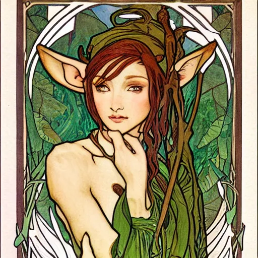 Prompt: female forest elf, mucha style,