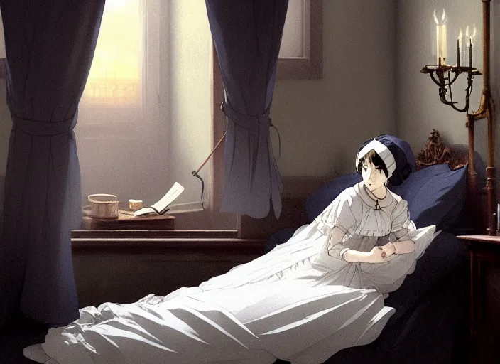 Image similar to victorian britain 1 8 3 6, 1 6 year old florence nightingale, has a vision of god telling her to become a nurse, in a luxurious english victorian bedroom, night time, lamp light, finely detailed perfect art, gapmoe yandere grimdark, trending on pixiv fanbox, painted by greg rutkowski makoto shinkai takashi takeuchi studio ghibli