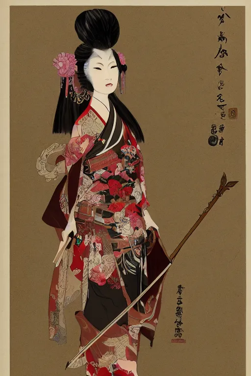 Prompt: full - bodied portrait, female changeling wearing rose - patterned eastern light armor, wielding a halberd with intricate decorations, sandals, barefoot, geisha mask, realistic proportions, reasonable fantasy, east asian fantasy.