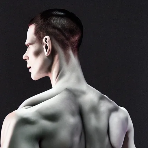 Prompt: an holographic athletic male android, photographed by erwin olaf