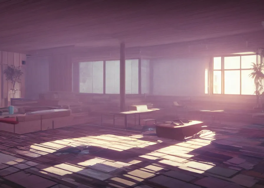 Prompt: interior of a 1 9 7 0 s conversation pit, makoto shinkai, dusty