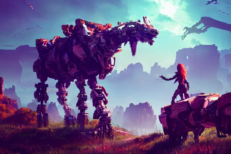 Image similar to grazer machine creature robot of horizon forbidden west horizon zero dawn radiating a glowing aura global illumination ray tracing hdr fanart arstation by ian pesty and alena aenami artworks in 4 k