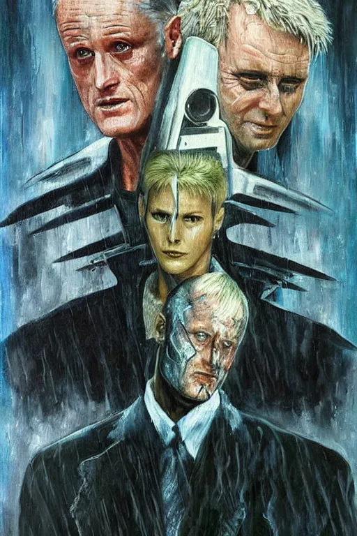 Image similar to a painting that asks the viewer to question the very purpose of life when all memories will be lost in time like tears in the rain, the replicant roy batty is capable of showing more empathy than his human creators, in the style of blade runner, ridley scott