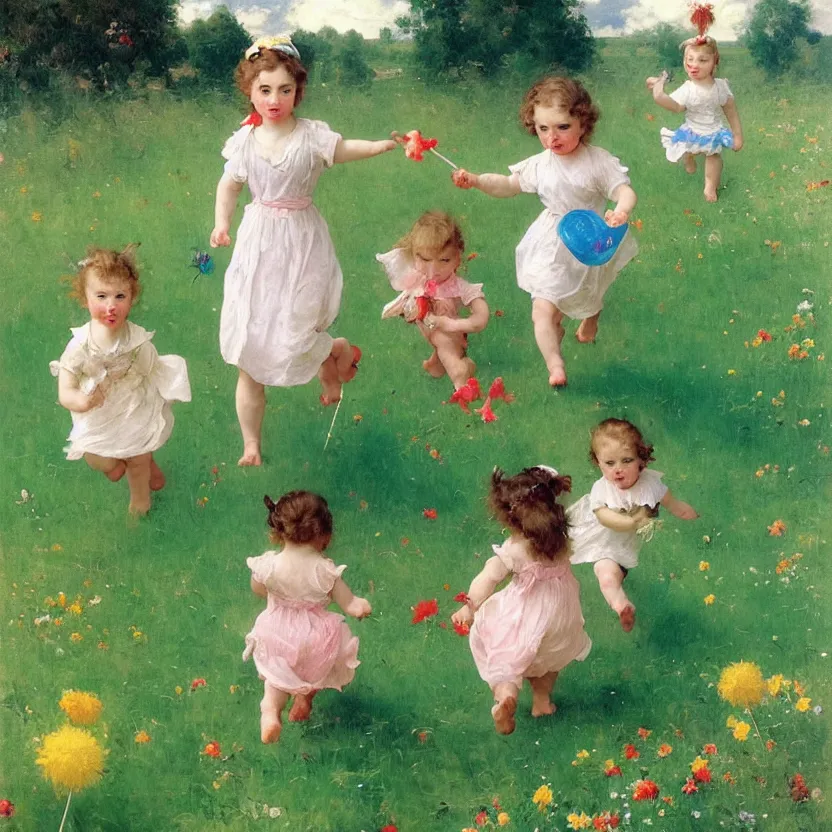 Image similar to idyllic cute toddler children running through meadows with lollypops, streamers, balloons, blue sky, flowers. dreamlike fantasy painting by norman rockwell, bouguereau. trending on artstation.