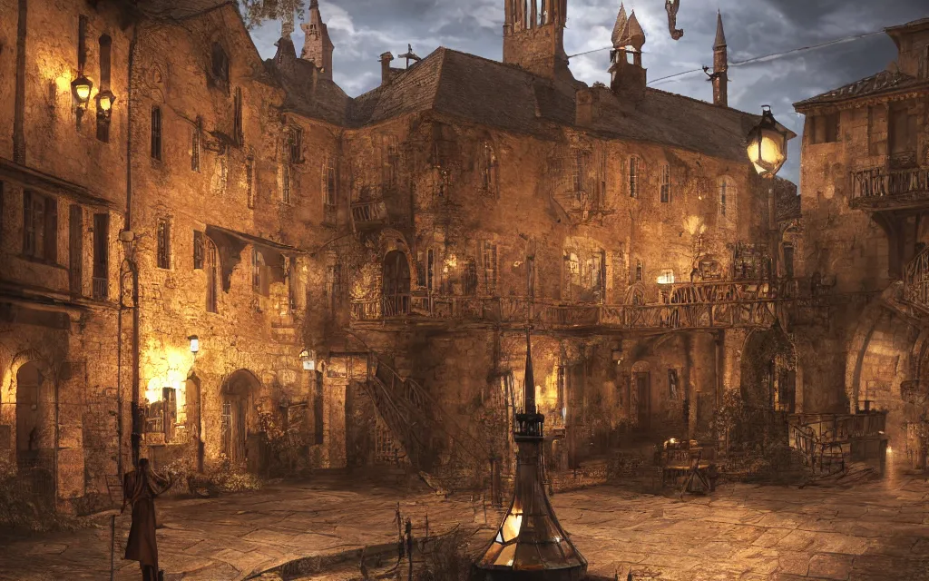 Prompt: at the square of a medieval french village but made from rusted coroded steel, with a spaceship hovering, a well in the center, arches, orange light, highly detailed, cinematic lighting, render, fantasy