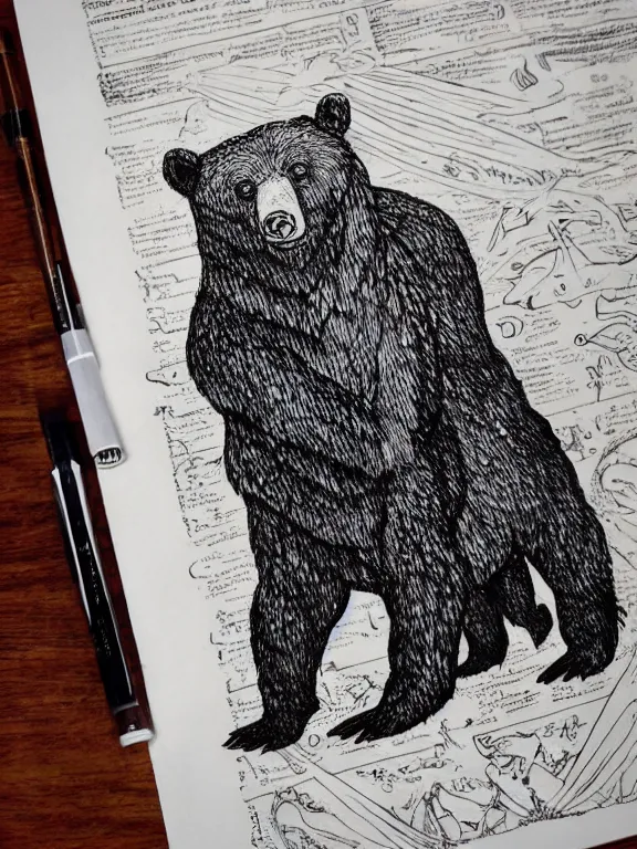 Prompt: ink illustration of a bear, monster manual style, dungeons and dragons guidebook, tan parchment paper