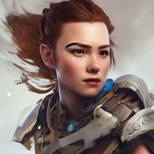 Image similar to Aloy from Horizon: Zero Dawn, half body portrait, videogame cover art, highly detailed, digital painting, artstation, concept art, smooth, detailed armor, sharp focus, beautiful face, illustration, art by Artgerm and greg rutkowski and alphonse mucha