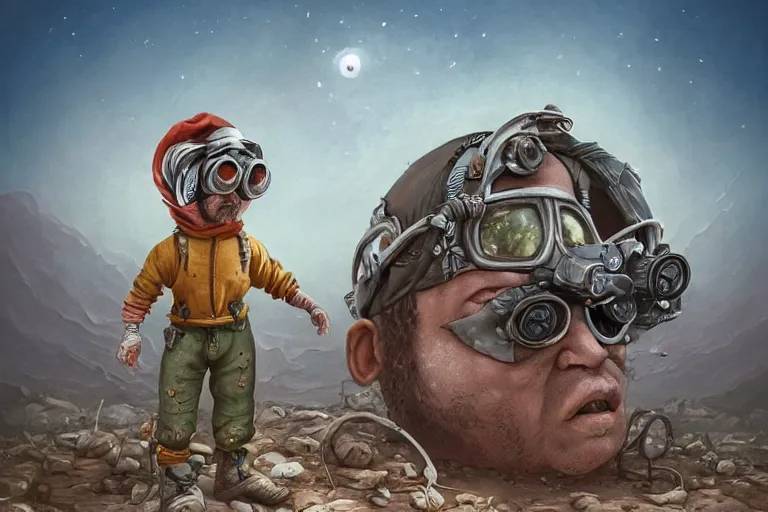 Image similar to a highly detailed forgotten garden gnome wearing goggles and head scarf surviving in a vast barren desert, hopeless wasteland background with a relentless raging sun overhead, post - apocalyptic road warrior vibe, full body, wide angle, an ultrafine detailed painting by joe fenton, trending on deviantart, pop surrealism, whimsical, lowbrow, perfect symmetrical face, sharp focus, octane, masterpiece