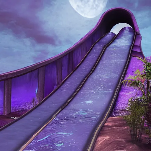 Image similar to a bloody water slide in the nigth, purple, moody, dark, artistic, digital art, blue and purple, epic, highly detailed, unreal engine