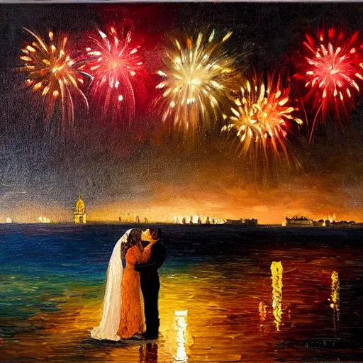 Image similar to an oil painting of couple kissing, in a background fireworks in venice