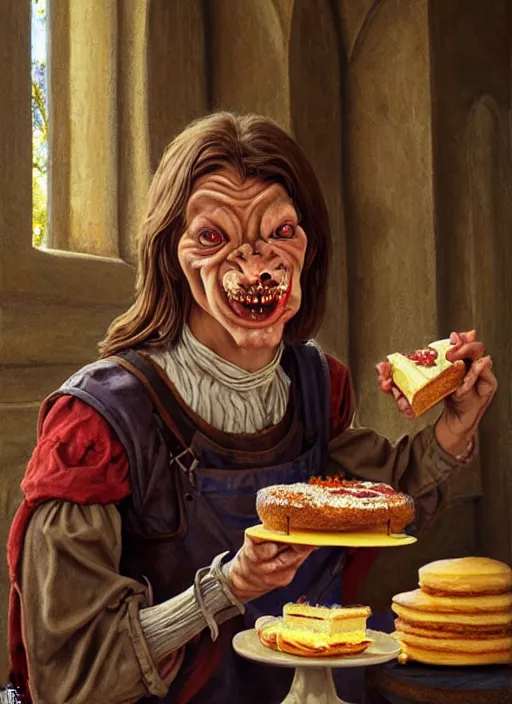 Image similar to portrait of a medieval goblin eating cakes in the cloisters, beautiful face, hyper realistic, highly detailed digital painting by earl norem, artstation illustration co