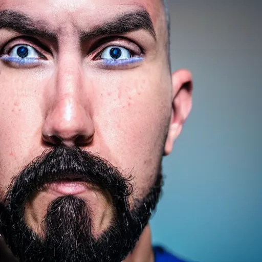 Image similar to fish eye lens close up photograph of a man with blue skin and a goatee side eyeing the camera with a sympathetic look