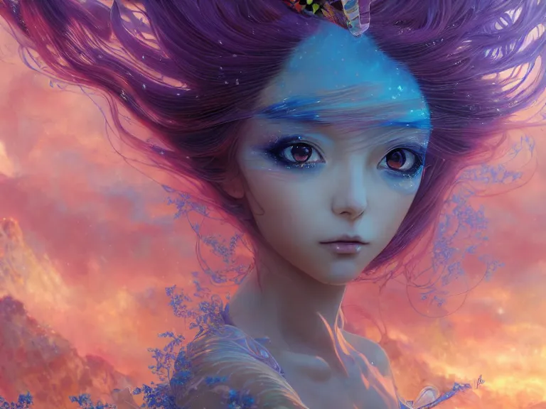 Prompt: ultra detailed illustration of a butterfly anime girl made out of liquid chrome, melting face, lost in a dreamy fairy landscape, by ,Karol Bak, Ruan Jia, Moebius, hiroshi yoshida, Druillet colorfull, vivid colors, 8k, anime vibes, octane render, uplifting, magical composition, artstation