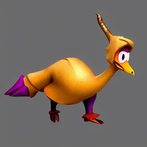 Image similar to character 3 d concept art page of a cute wacky humanoid goose with a coat as an enemy in spyro the dragon video game concept art, spyro trilogy remaster concept art, playstation 1 era graphics, activision blizzard style, 4 k resolution concept art