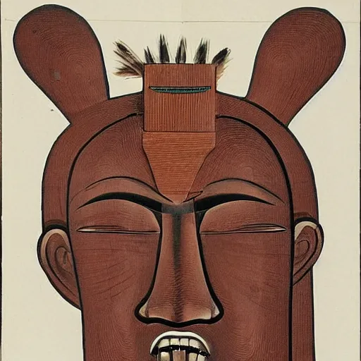 Image similar to A beautiful kinetic sculpture of a giant head. The head is bald and has a big nose. The eyes are wide open and have a crazy look. The mouth is open and has sharp teeth. The neck is long and thin. chestnut, Akkadian by Bruno Munari, by Kunisada fine