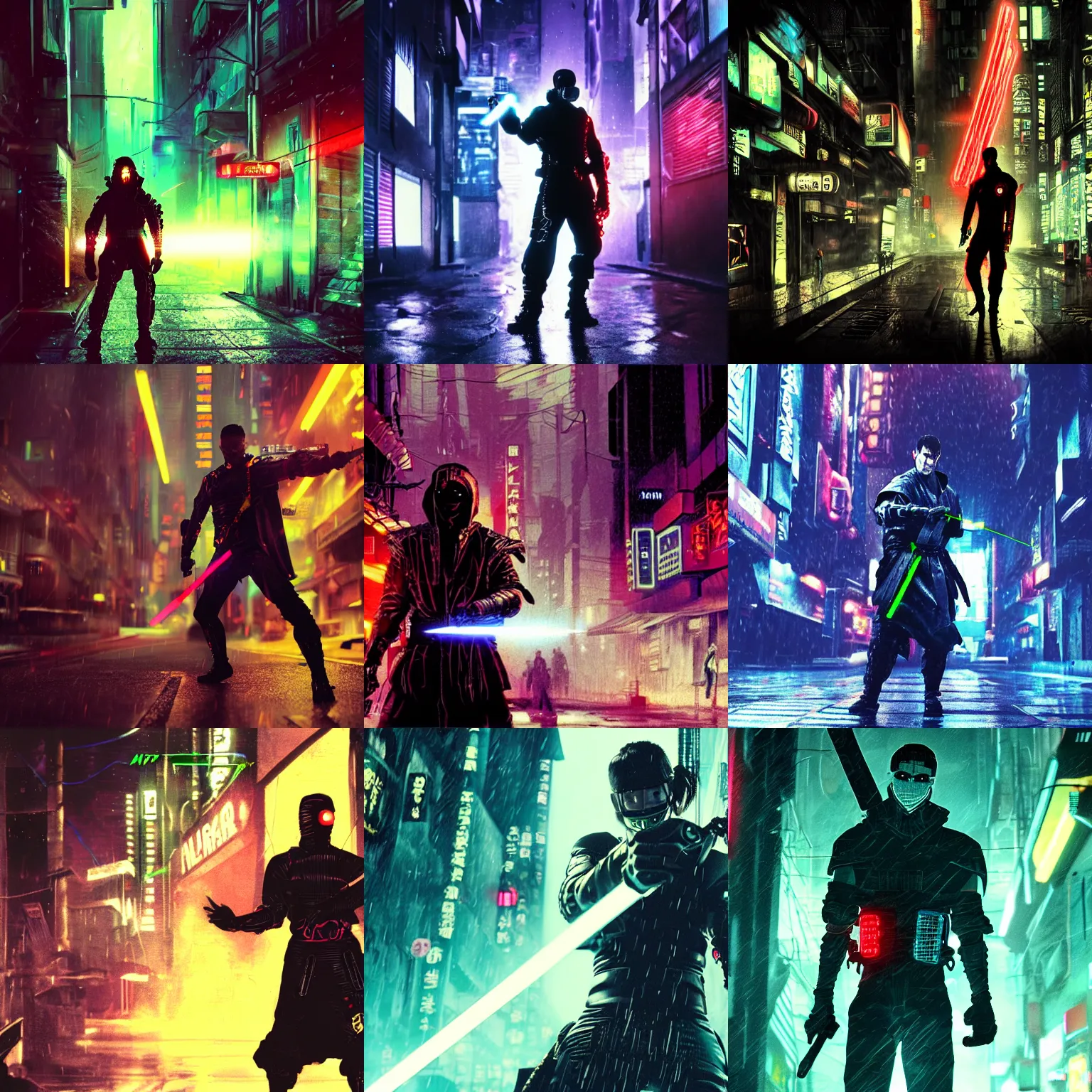 Prompt: a cyberpunk cyborg killer ninja with a laser katana, hero pose, threatening, dark neon alley in the background, rain is falling, screenshot from the bladerunner movie, digital artwork trending on artstation, 4 k