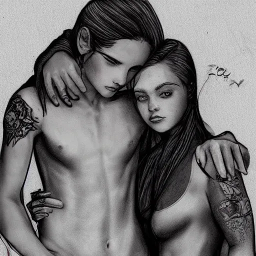 Image similar to Hot young woman, grey skin, tattoos, wearing leather and cuddling her little brother concept art