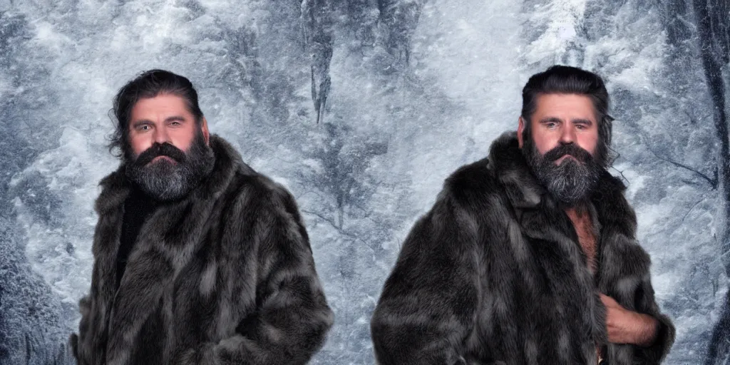 Image similar to high quality matte painting of a fantasy middle - aged burly lumberjack with a beard, dark hair, wearing a fur coat
