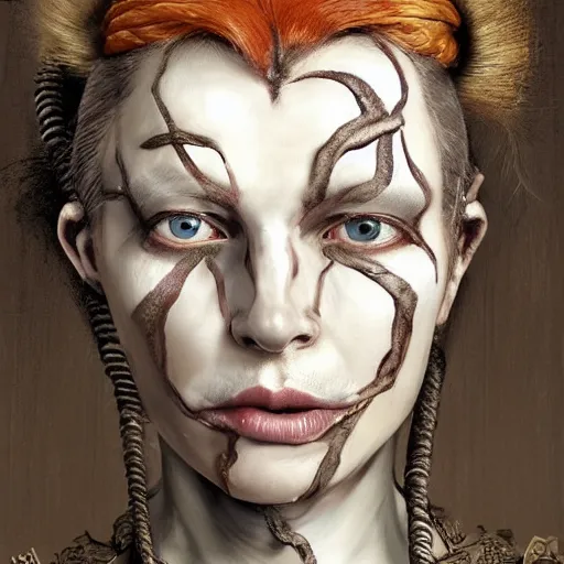 Image similar to portrait of a Shibari rope wrapped face and neck, headshot, insanely nice professional hair style, dramatic hair color, face paint half and half, digital painting, of a old 15th century, old cyborg merchant, amber jewels, baroque, ornate clothing, scifi, realistic, hyperdetailed, chiaroscuro, concept art, art by Franz Hals and Jon Foster and Ayami Kojima and Amano and Karol Bak,