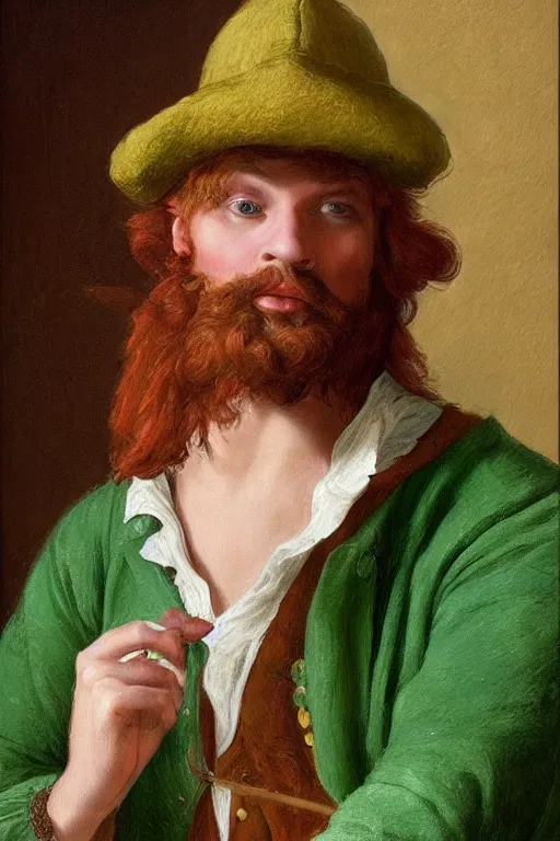 Prompt: intricate beautiful medium - shot, the card player man with short reddish beard, blonde reddish hair, in green clothes of 1 7 th century, matte painting, renaissance painting, by paul sezanne by leyendecker, by artgerm, rutkowskyi