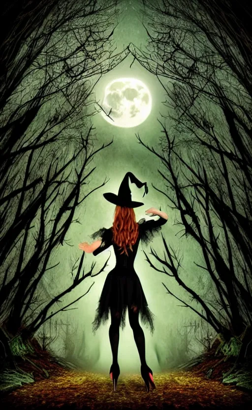 Image similar to witch standing pose in an enchanted forest wearing high heels under a full moon, fantasy gothic art style