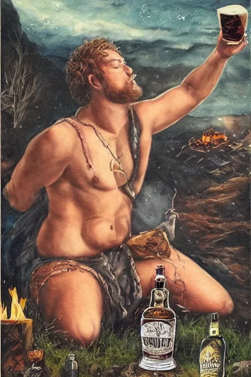 Prompt: a dramatic, epic, ethereal painting of a !!handsome!! thicc chunky beefy mischievous shirtless !!cowboy!! with a beer belly wearing a large belt and bandana offering a whiskey bottle | he is relaxing by a campfire | background is a late night with food and jugs of whisky | homoerotic | stars, tarot card, art deco, art nouveau, intricate | by Mark Maggiori (((and Alphonse Mucha))) | trending on artstation