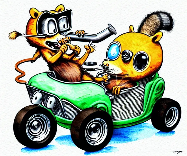 Prompt: cute and funny, racoon smoking cigar wearing a helmet riding in a tiny hot rod coupe with oversized engine, ratfink style by ed roth, centered award winning watercolor pen illustration, isometric illustration by chihiro iwasaki, edited by range murata