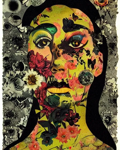 Prompt: the end of the world, different women's faces, cut and paste collage, mutated flowers, burnt, soft glow, 1 9 6 0 s, hypnotized, gritty texture, radioactive, dystopian, serene emotions