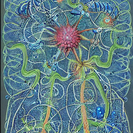 Prompt: diagram of interdimensional dendrite in non - eucledian space by ernst haeckel and geoff darrow, ink and watercolor