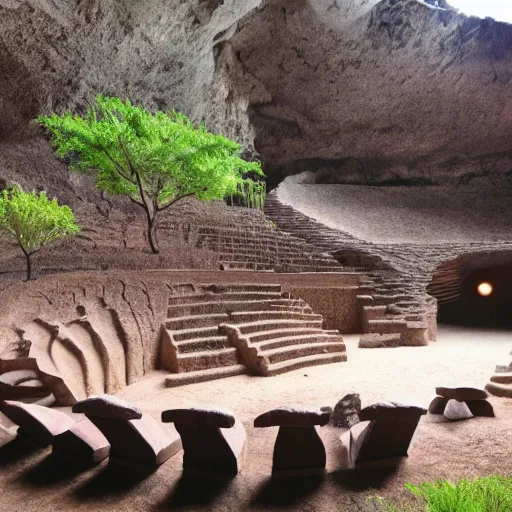 Image similar to a cave with an amphi theatre inside, stone seats, center stage with tiki torches light