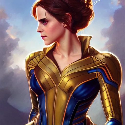 Image similar to beautiful Emma Watson as The Wasp from Marvel, western, closeup, D&D, fantasy, intricate, elegant, highly detailed, digital painting, artstation, concept art, matte, sharp focus, illustration, art by Artgerm and Greg Rutkowski and Alphonse Mucha