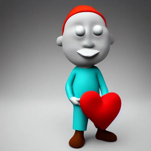 Prompt: 3 d render of a simplistic red clay character holding a heart, qhite background, studio lighting, made in 3 ds max