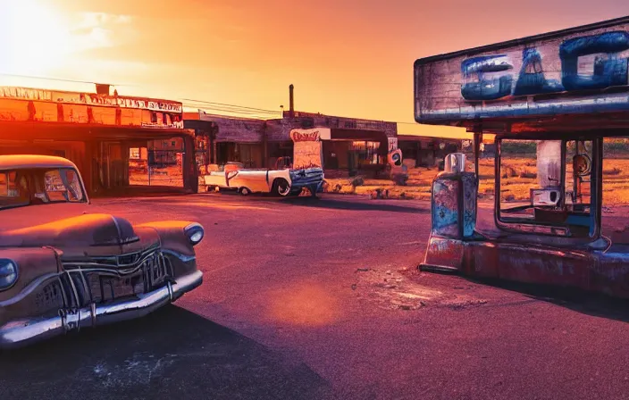 Image similar to a sunset light landscape with historical route 6 6, lots of sparkling details and sun ray ’ s, blinding backlight, smoke, volumetric lighting, colorful, octane, 3 5 mm, abandoned gas station, old rusty pickup - truck, beautiful epic colored reflections, very colorful heavenly, softlight