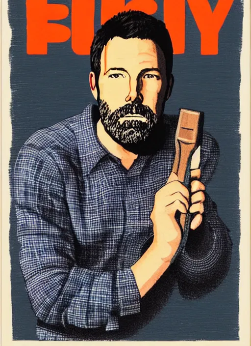 Prompt: full - body portrait of ben affleck wearing checkered shirt and white cap, holding a wrench, by billy childish, thick visible brush strokes, shadowy landscape painting in the background by beal gifford, vintage postcard illustration, minimalist cover art by mitchell hooks