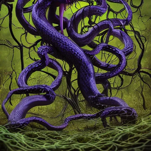 Image similar to dark queen of snakes, crown of snakes, blue skin, realism, dark fantasy, surrounded by thorned vines in a twisted forest, octane render, artstation