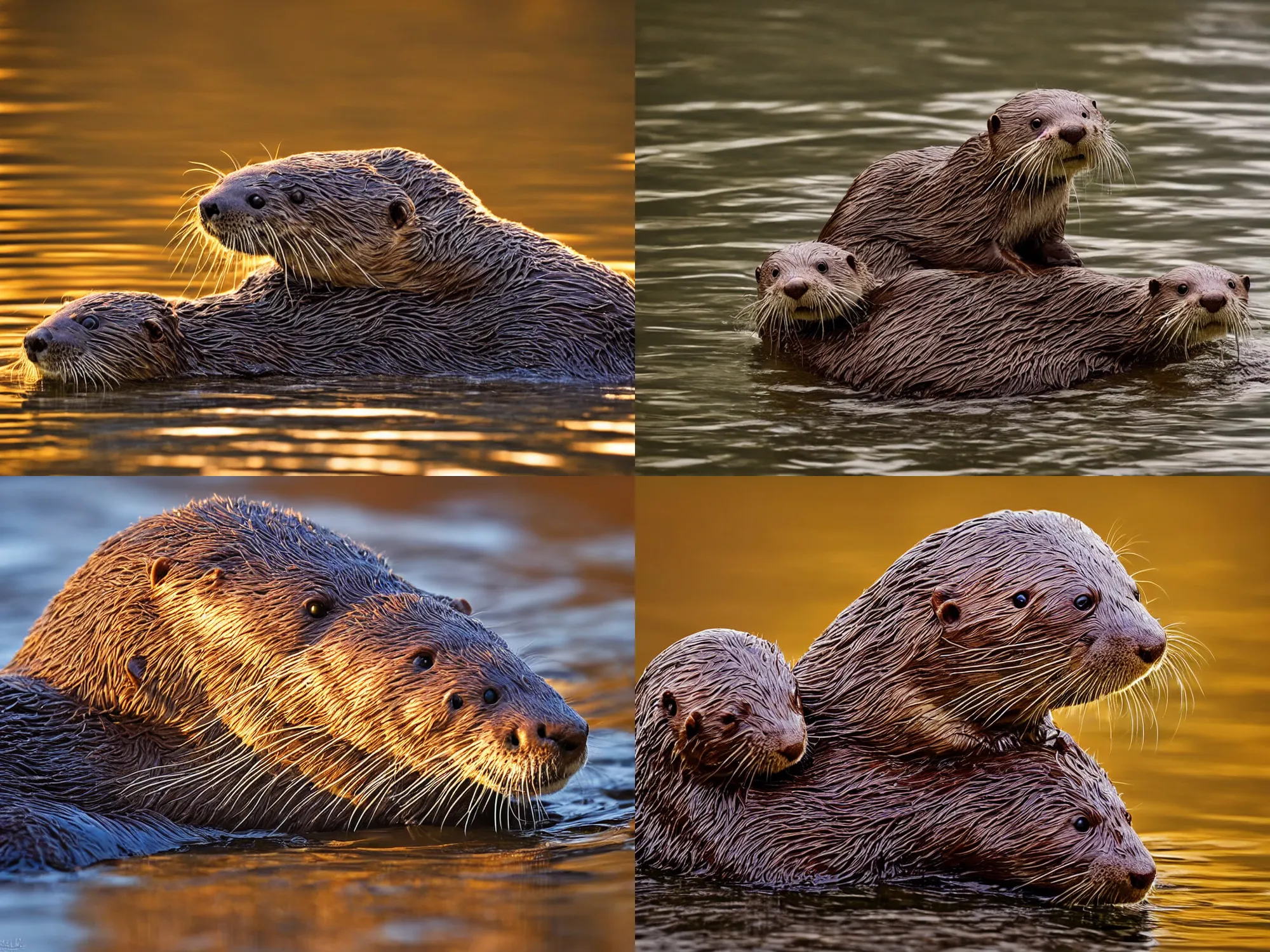 Prompt: close up of otter, nature photo, amazing composition, back lighting from a golden sunset