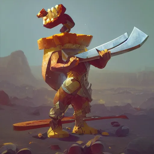 Image similar to a slice of toasted bread with arms and legs, holding a sword and shield, volumetric lighting, dynamic composition, fantasy, hyper detailed, ultra realistic, sharp focus, octane render, concept art by sachin teng and sergey kolesov and ruan jia and heng z