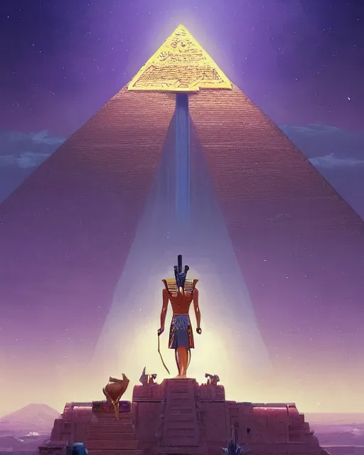 Image similar to highly detailed vfx portrait of a egyptian god anubis talking to horus with pyramid behind them, sky galaxy purple, unreal engine, greg rutkowski, loish, rhads, beeple, makoto shinkai and lois van baarle, ilya kuvshinov, rossdraws, tom bagshaw, alphonse mucha, global illumination, detailed and intricate environment