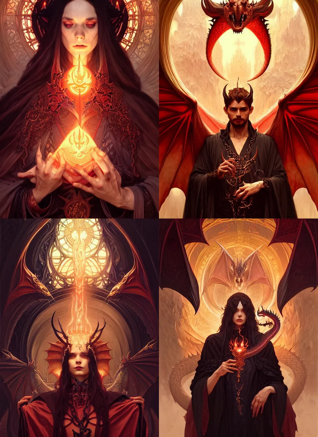 Prompt: a beautiful satanic sorcerer with a dragon, intricate, sharp focus, illustration, highly detailed, digital painting, concept art, matte, art by wlop and artgerm and greg rutkowski and alphonse mucha, masterpiece