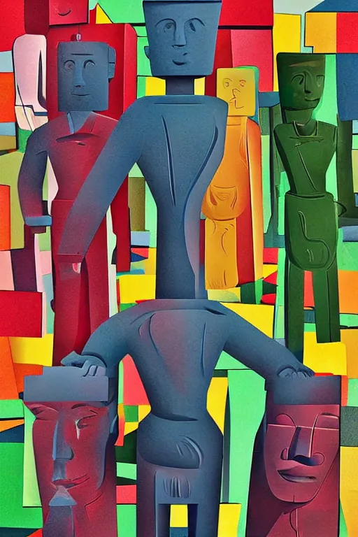 Image similar to cubist moai statue cutout digital illustration cartoon colorful beeple