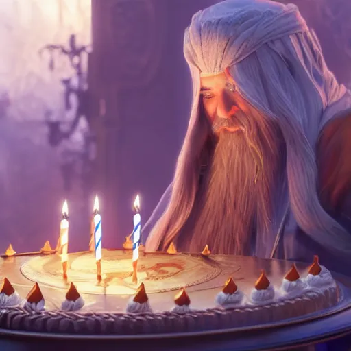 Image similar to a wizard blowing out birthday candles with magic, art by artgerm and greg rutkowski and alphonse mucha, concept art, octane render, unreal engine 5, highly detailed, high quality, 8 k, soft lighting, realistic face, path traced