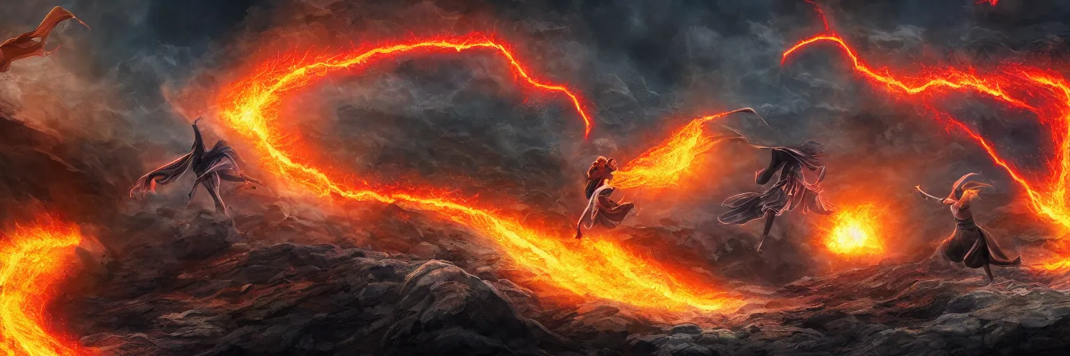 Prompt: two mysterious wizards fighting and falling towards the center of the Earth, rocks falling, lava in the background, digital art highly-detailed epic fantasy