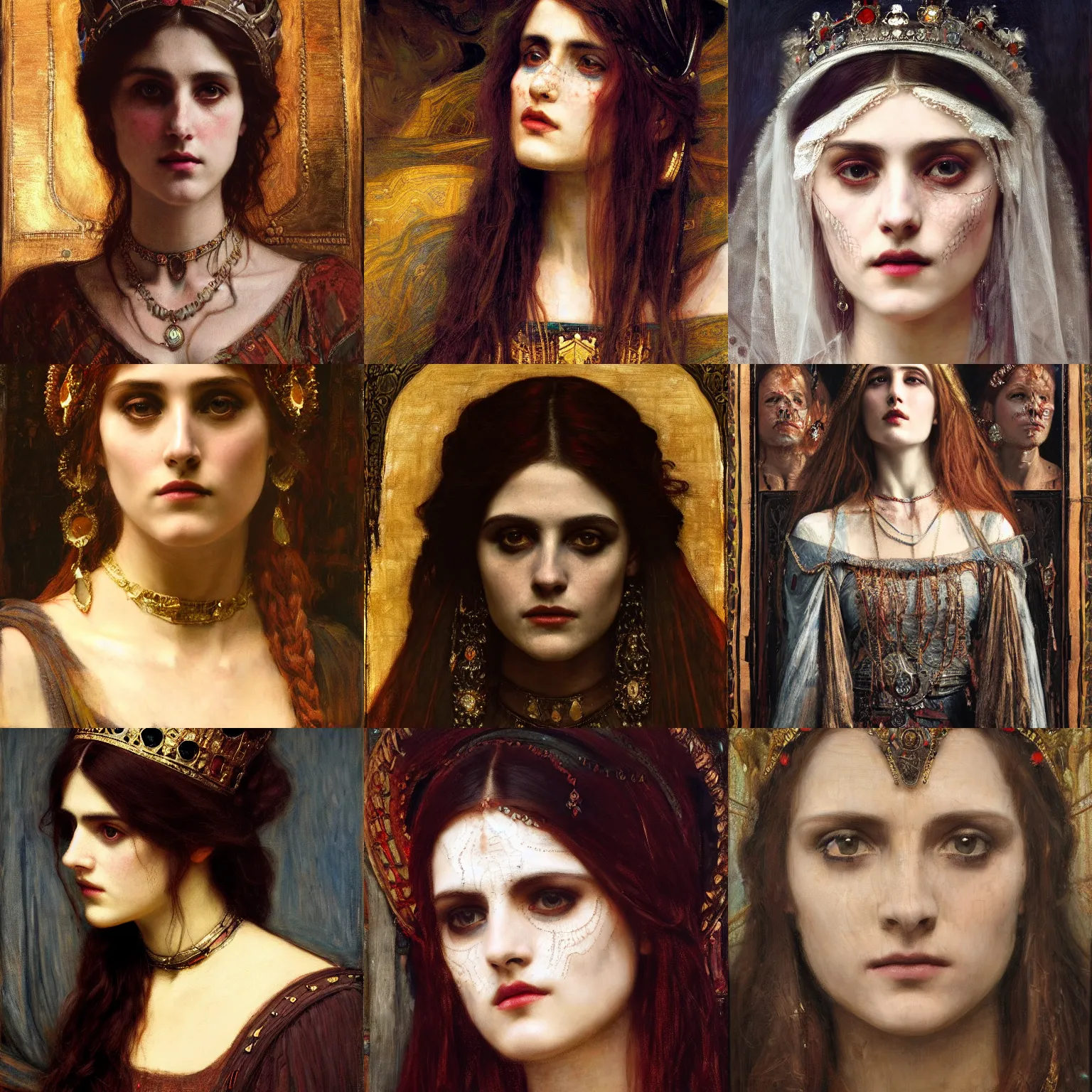 Prompt: queen of the dead intricate portrait by john william waterhouse and Edwin Longsden Long and Theodore Ralli and Nasreddine Dinet, oil on canvas. Cinematic, hyper realism, dramatic lighting, high detail 8k